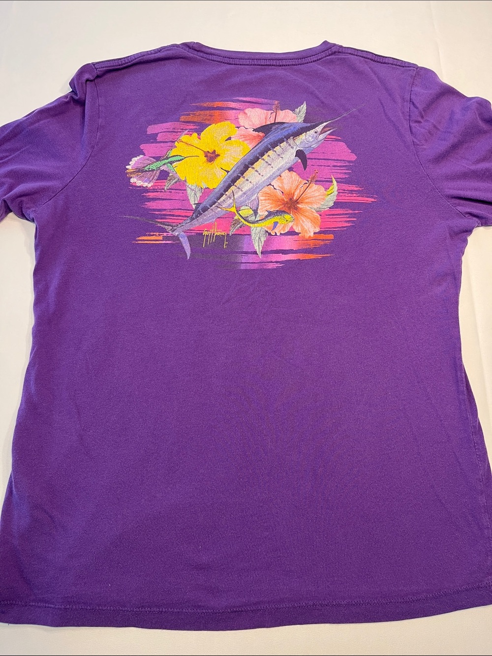 Guy Harvey Purple Marlin Hibiscus Graphic T-Shirt Women’s L Fishing Coastal